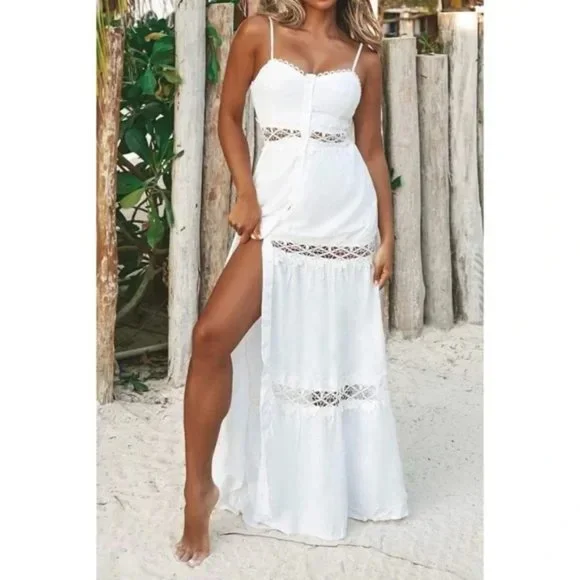 White Sleeveless V-Neck Crochet Trim Tiered Maxi Dress - Picture 8 of 9